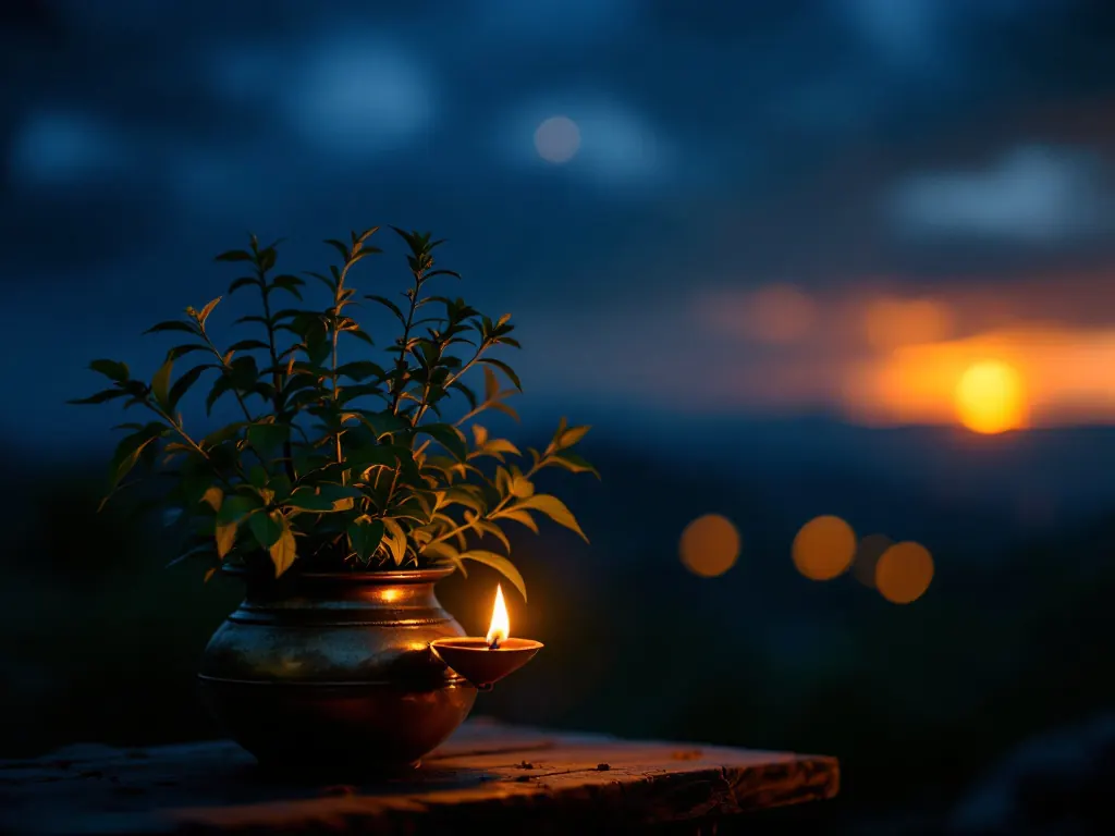Diyas lit on a window ledge at dusk