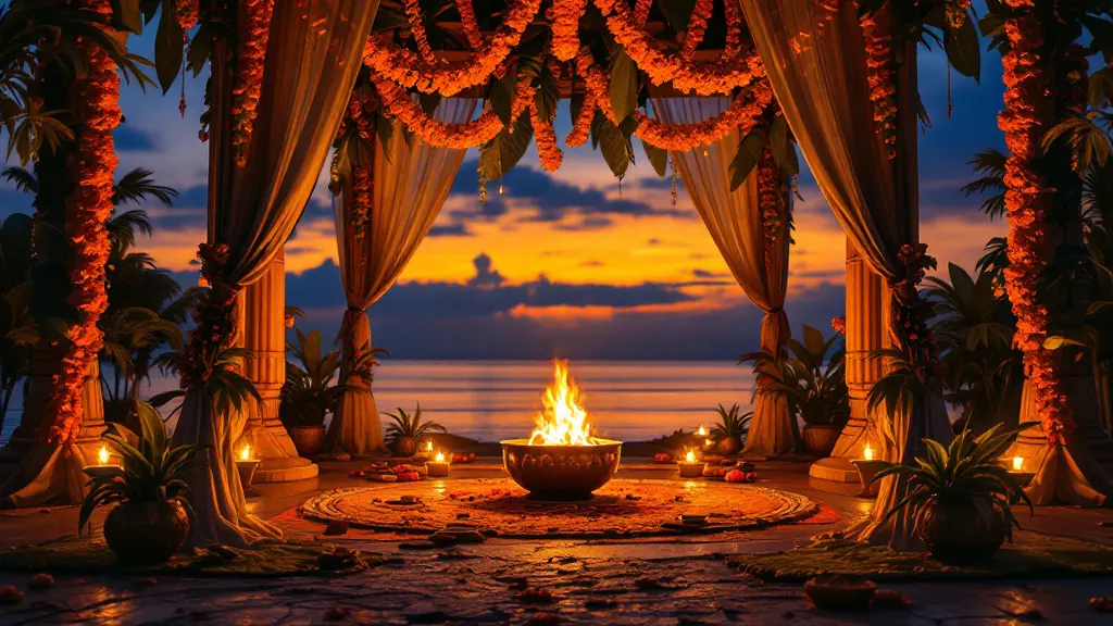 Wedding garlands and a brass lamp on a mandap